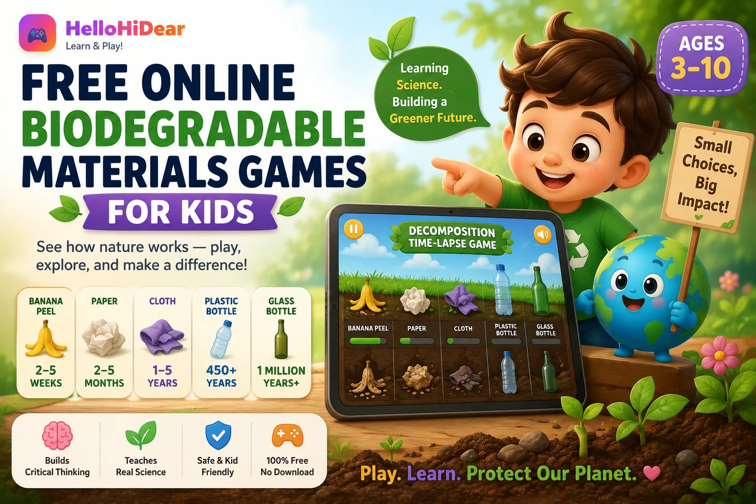 A cheerful cartoon boy pointing at a tablet showing a decomposition time-lapse game, beside cards comparing how long a banana peel, paper, cloth, plastic bottle and glass bottle take to break down, with a smiling Earth mascot