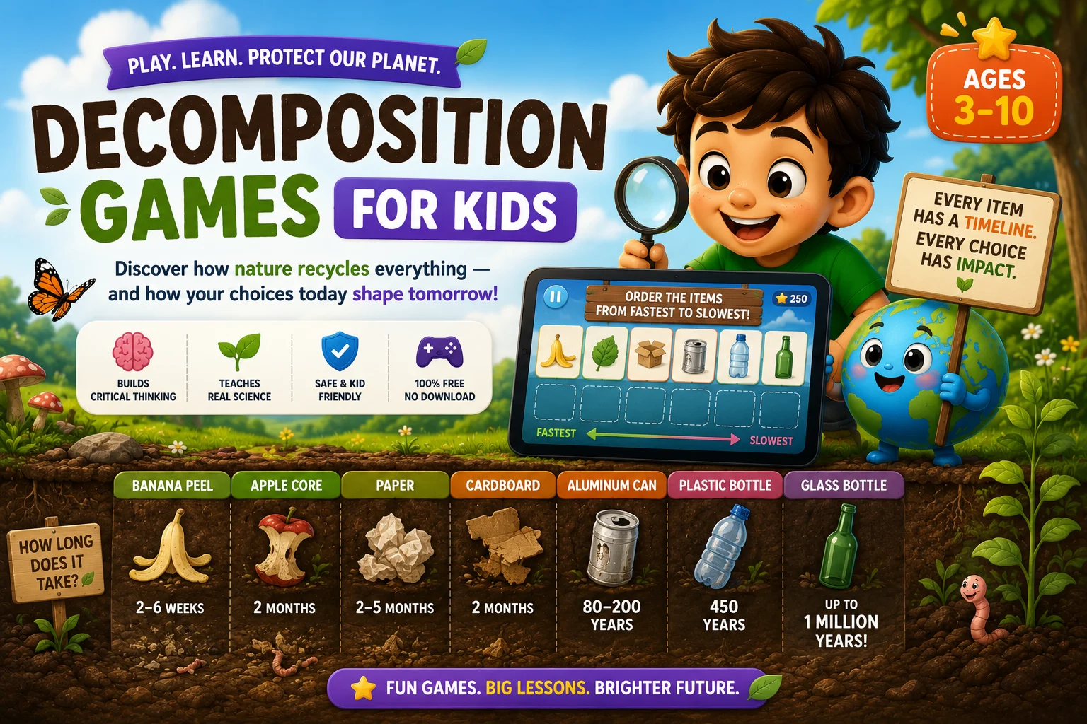 A cartoon boy with a magnifying glass above an underground soil timeline comparing how long a banana peel, apple core, paper, cardboard, aluminum can, plastic bottle and glass bottle take to decompose, with a tablet ordering game