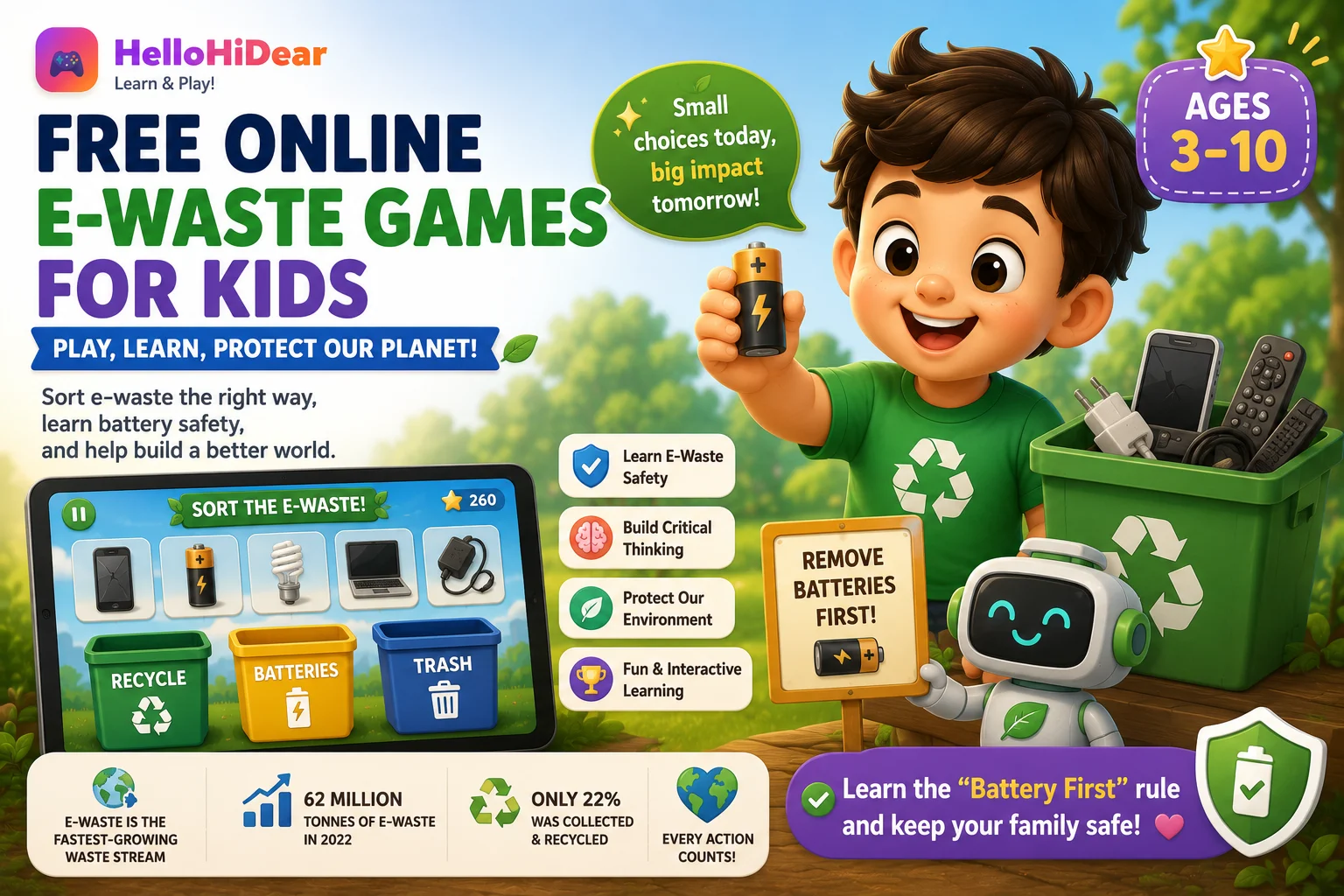 A cartoon boy holding up a battery beside a green bin full of old electronics, a friendly robot with a 'remove batteries first' sign, and a tablet showing an e-waste sorting game with recycle, batteries and trash bins