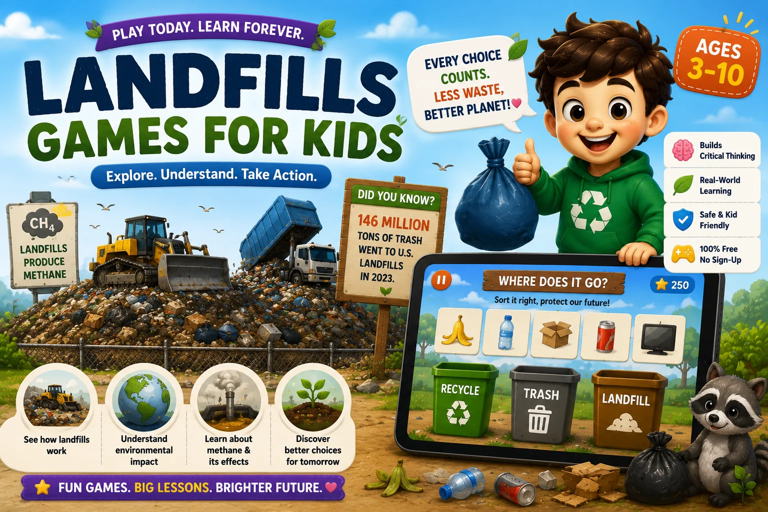 A cartoon scene of a landfill-themed kids' game with a crane sorting waste piles, a cheerful young player, and stats about how much trash U.S. landfills receive each year