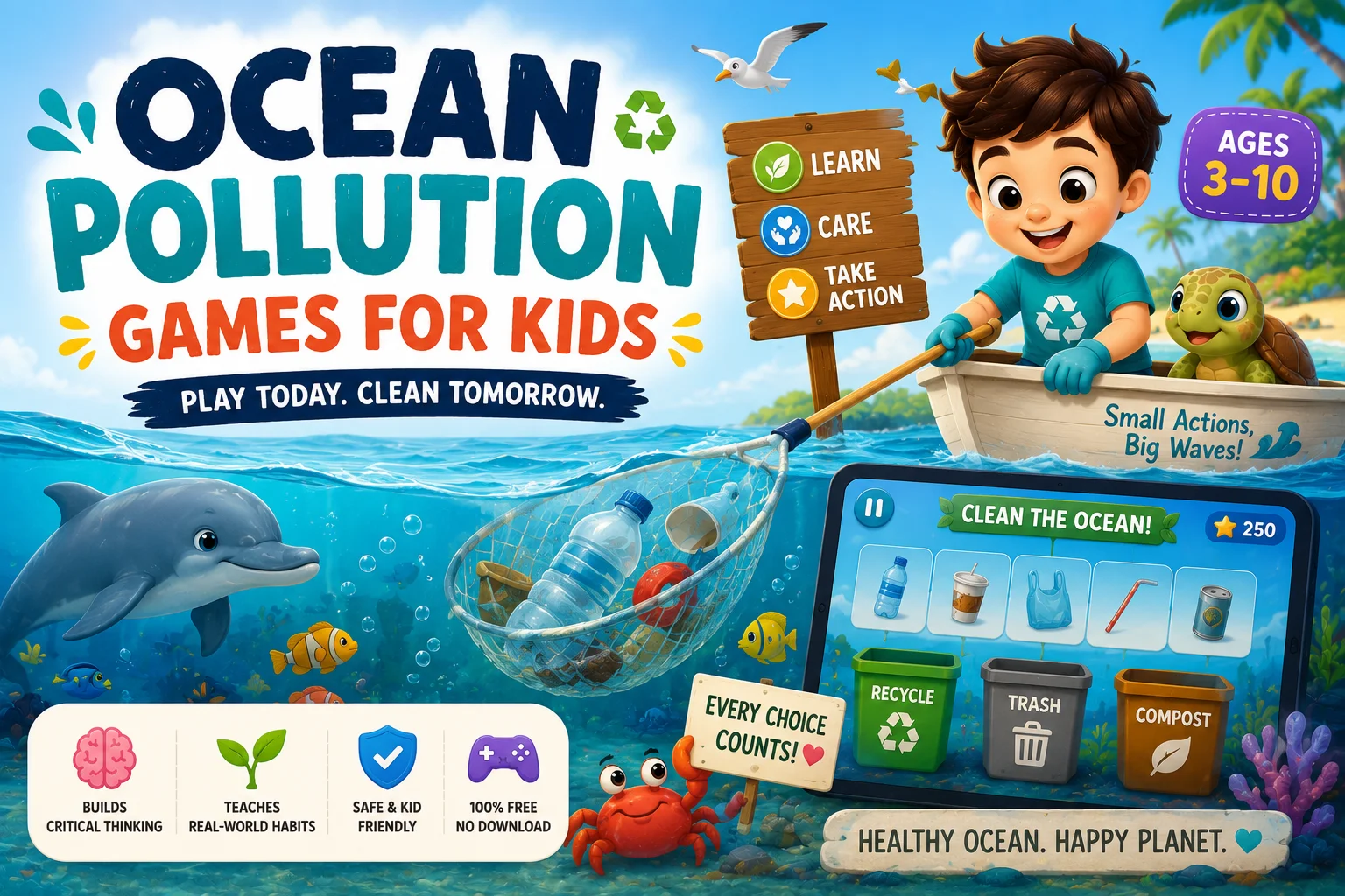 A cartoon ocean scene illustrating a kids' ocean pollution game, with sea life, floating plastic waste being cleaned up, and stats about how much plastic enters the ocean each year