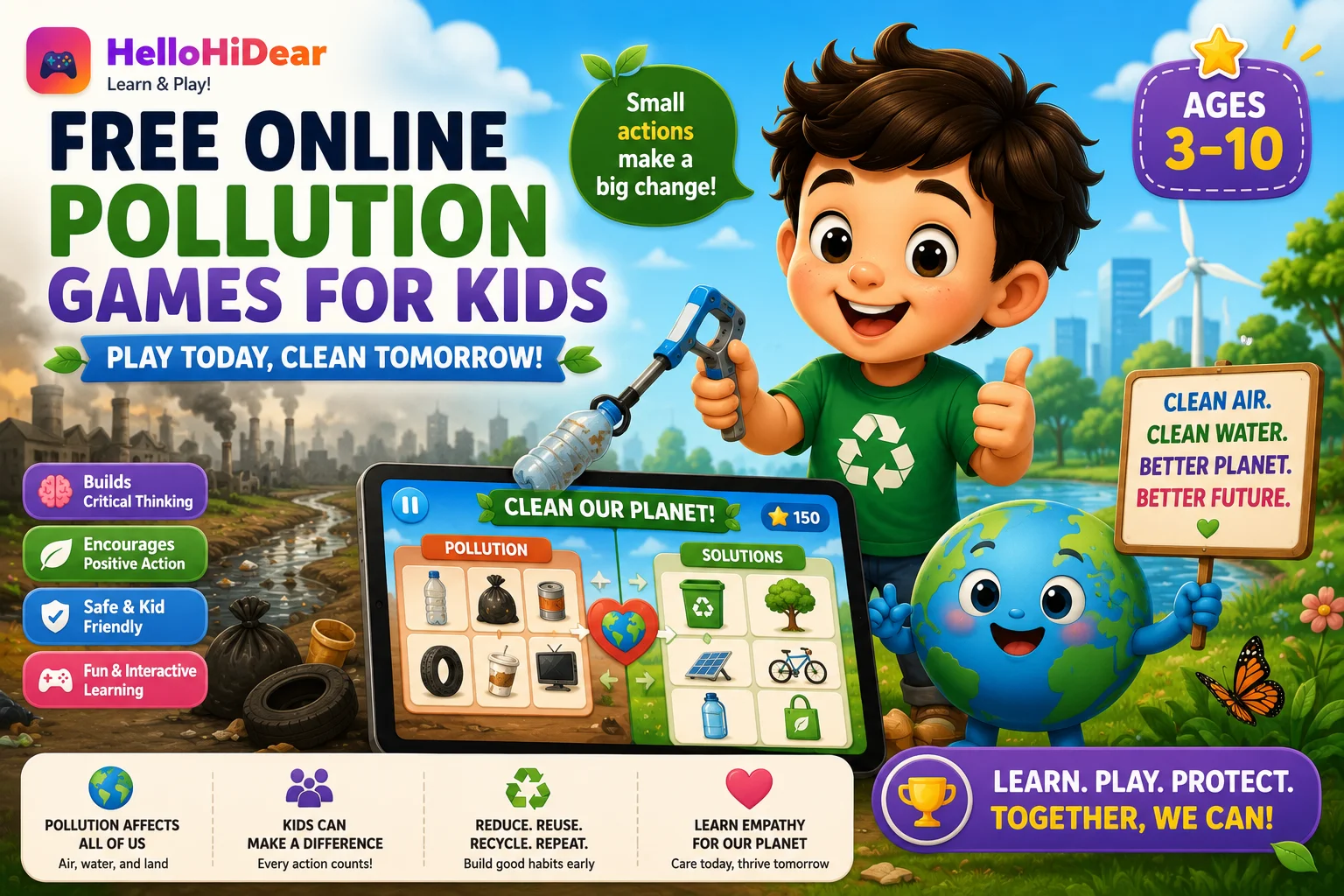 A cartoon boy giving a thumbs up while holding a litter grabber with a plastic bottle, beside a smiling Earth mascot holding a 'clean air, clean water' sign and a tablet showing a pollution-and-solutions matching game