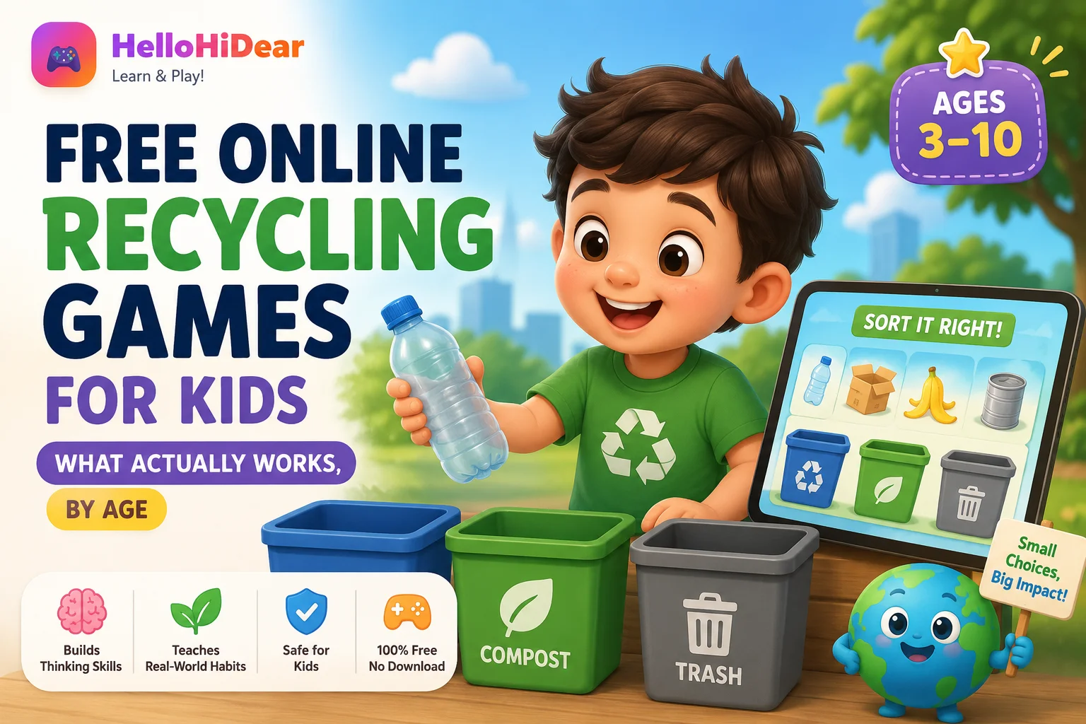 A smiling cartoon boy holding a plastic bottle next to a tablet showing a recycling sorting game, with compost and trash bins and a cheerful cartoon Earth mascot, for the article Free Online Recycling Games for Kids