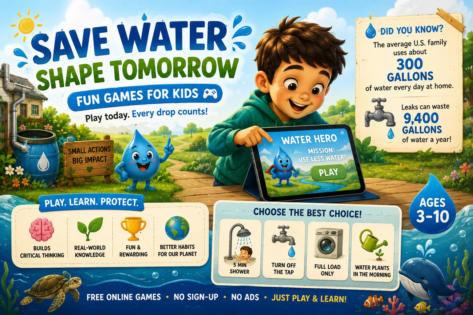 A cartoon kid learning about saving water beside a tablet showing a water conservation game, with household water-use stats like the 9,400 gallons a year an average family wastes through leaks